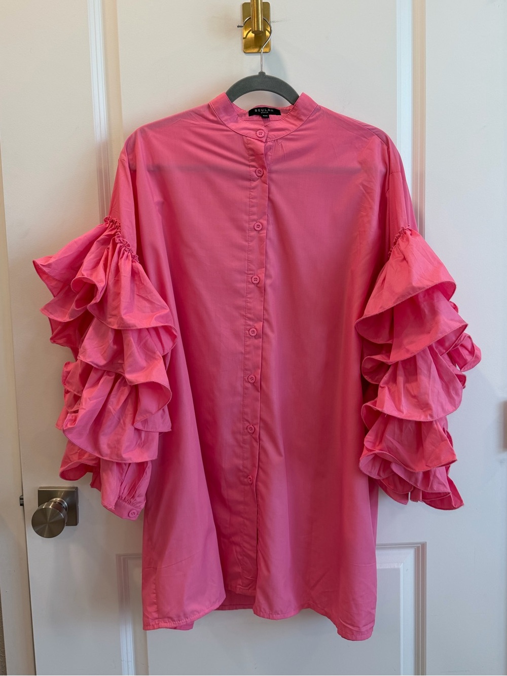 NWT Beulah Style Kendra Hot Pink Tiered Ruffle Sleeve Mini Shirt Dress S/M - Picture 2 of 9